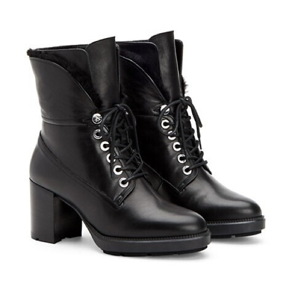 Aquatalia Women's Black Leather Heel Lace Up Fur Collar Boot Lug Rubber Sole 9